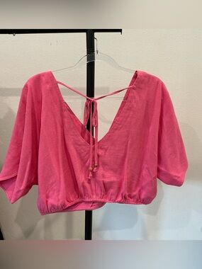 💓 Mustard Seed Hot Pink V-Neck Tie-Back Crop Top Large